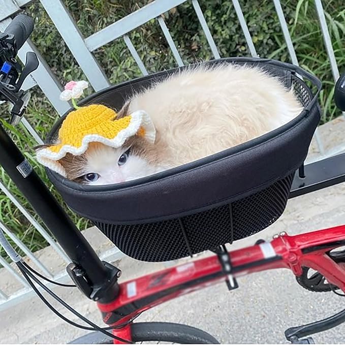 Dog Bike Basket, Soft-Sided Ventilated Dog Bike Carrier Backpack, Pet Bicycle Basket, Small Dogs Cat Kitten Puppy Booster Car Seat with Safety Strap, Safe and Easy (Black)