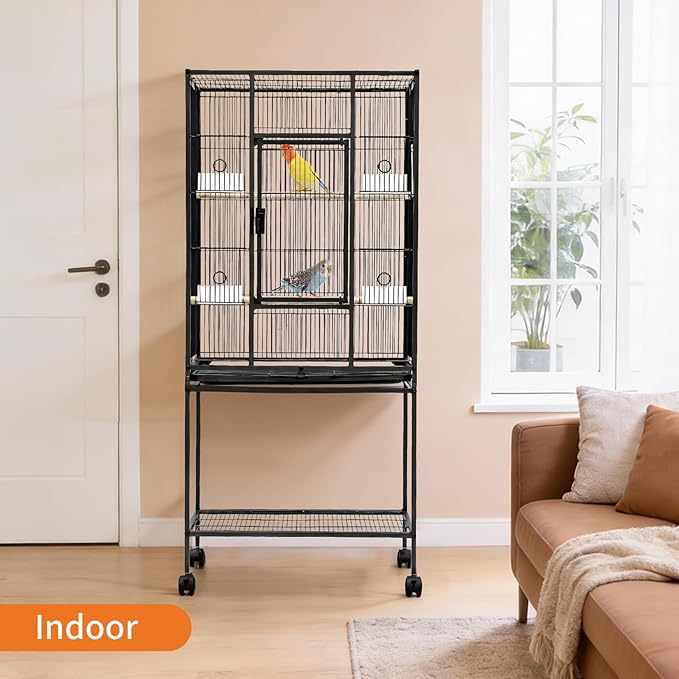 Wide Large Bird Cage with Rolling Stand and Storage – 54" Tall Parrot Cage for Parakeets, Cockatiels, Conures, Cockatoos – Black Flight Cage with Feed Bowls – Ideal for Medium-Large Birds