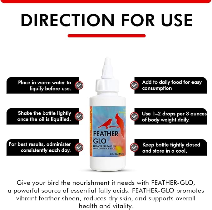 Morning Bird Feather Glo 2 oz – Cold Pressed Red Palm Oil - Natural Vitamin A & E Supplement for Birds – Supports Feather Shine, Skin Health & Immunity – Vitamin & Energy Boost for All Bird Types