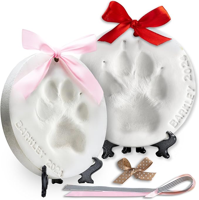 Pet Paw Print Impression Kit Makes (2) Dog Keepsake Ornaments, Inkless Paw Print Kit for Dogs (and Cats!) - Dog Paw Print Kit Keepsake, New Puppy Gift, Pawprint Kit w/ Paints & Name Stamps! (White)