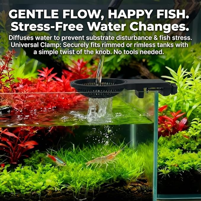 Aquarium Water Change Diffuser for Undisturbed Substrate, Plant Protection Water Refill Tool, Adjustable Mount for Rimless and Rimmed Tanks, Gentle Flow for Shrimp and Fry