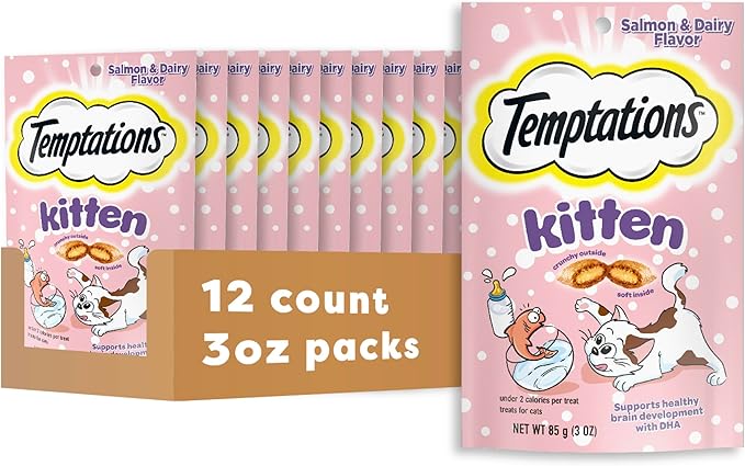 Temptations Kitten Treats Classic Crunchy and Soft Cat Treats, Dairy Flavor, 3 oz. Pouch (Pack of 12)