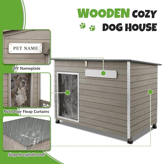 Medium Wooden Dog House Outdoor, Weatherproof Dog Houses with Adjustable Vent Windows, Alloy Chew-Resistant Frame, Removable Floor for Medium & Small Dogs (34" L x 22" W x 25" H)