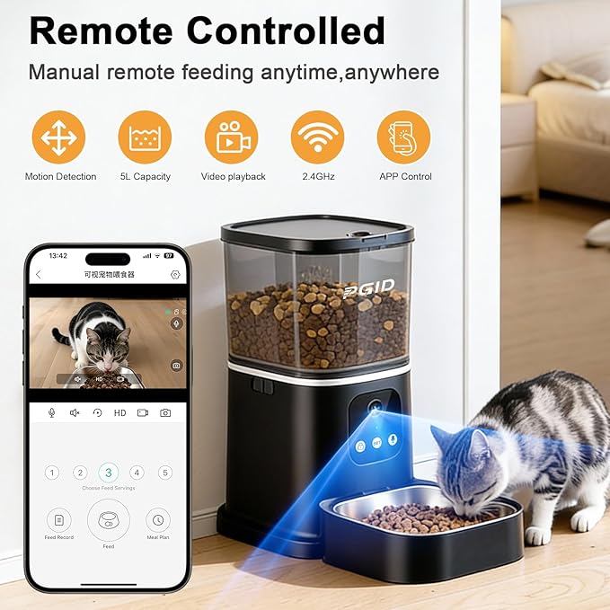 Automatic Cat Feeder with 400W Camera,2.4G Auto Dog Feeder w Night Vision,Pet Feeder w2-Way Audio,Timed Cat Feeders for Dry Food,Dogs Food Dispenser w APP Control 5L