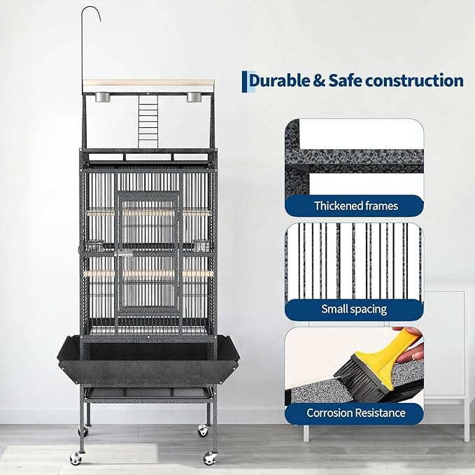 Large 82" Parrot Cage with Wheels, Play Top & Rope Perch - Spacious Flight Bird Cage for Parakeets, Cockatiels, Conures - Powder-Coated Speckled Black