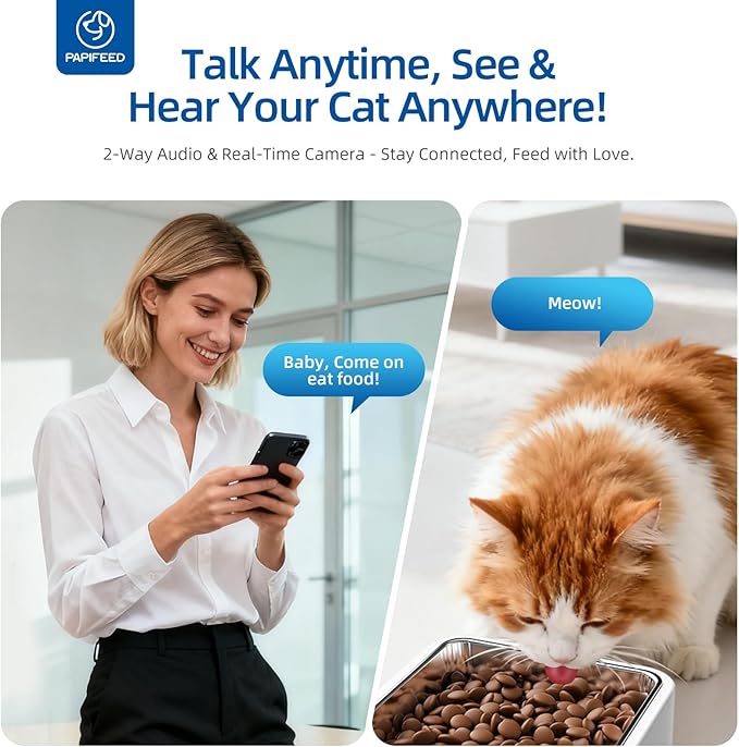 PAPIFEED Automatic Cat Feeder 6L 2.4G WiFi Smart Pet Feeder with Camera & Two-Way Audio, Adjustable Angle, Easy to Clean Detachable Feeding Schedule 1-10 Meals Per Day for Cats & Small Dogs - White