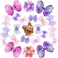 22 Pieces Cute Dog Hair Bows with Elastic Rubber Bands, Small Puppy Hair Accessories with Butterfly Flower Pearls Double Bow Elegant style for Pets Dogs Cats Hair Grooming (Purple and Pink)