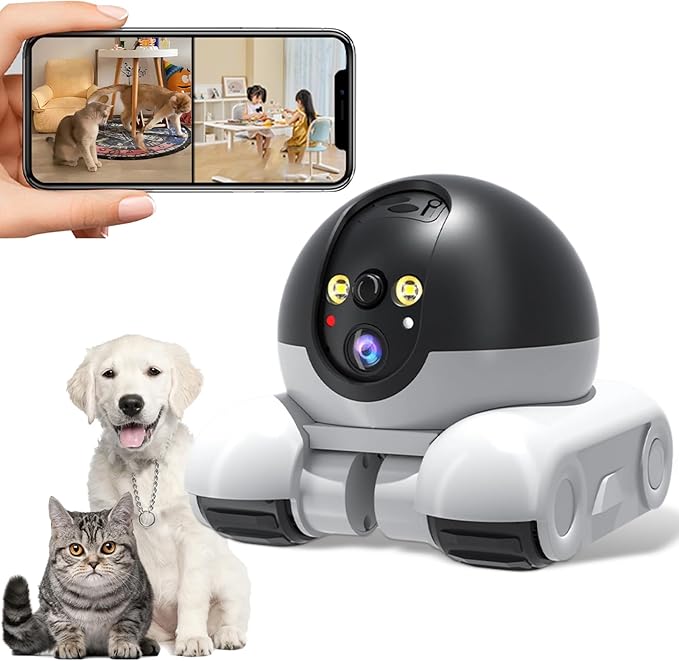 Yunir Moving Camera Robot,1080P Double Lens Robot Camera with Wheels, App Remote Control, Two Way Talk, 5200mAh Long Battery,WiFi Pet for Cats Dogs