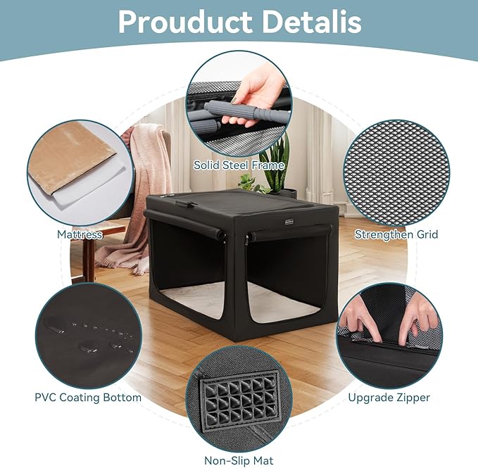 PETSFIT Portable Dog Crate for Large Dogs, – 40" Soft Dog Travel Crates with Lockable Zippers & Thicken Mat, Adjustable Patented Spiral Steel Frame, Collapsible Kennel for Indoor & Outdoor
