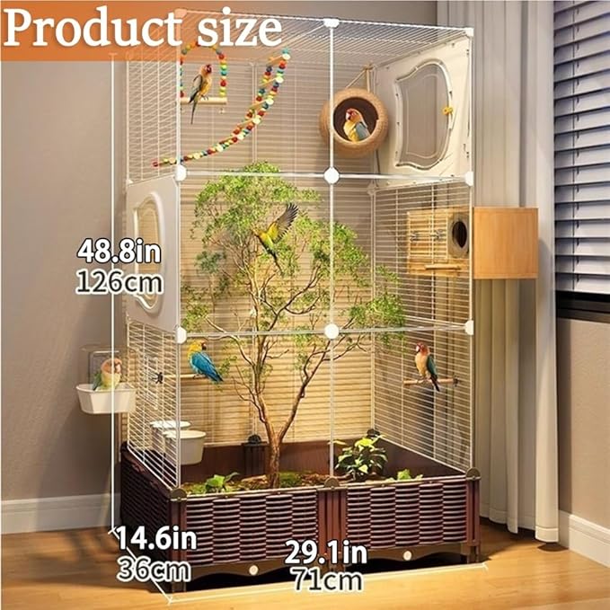 48.8-inch Home Acrylic Large Bird Cage, Parakeet Parrot Cage Birdcages Canary Bird Cages with Plant Box, Horizontal Wire Mesh, White, 29.1''Wx14.6''Dx48.8''H