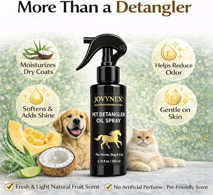Pet Detangler Oil Spray: 6.76 Oz Mane & Tail Leave-in Conditioning Oil for Horse, Dog & Cat - Natural Fruit Scented, Unknots Tangles, Frizz Control & Long-Lasting Radiant Shine