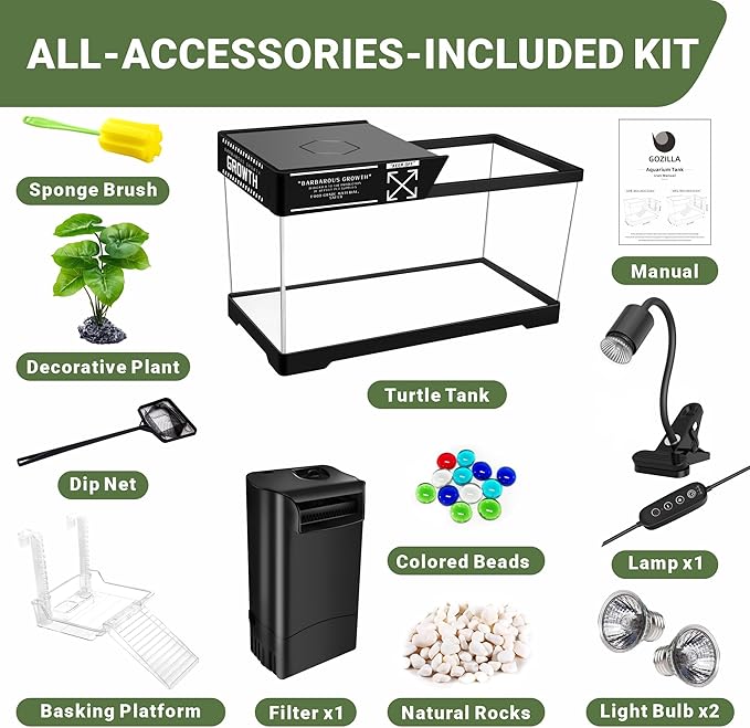GOZILLA Aquatic Turtle Tank+Lamp+Filter Kit, Upgrade PC Turtle Tank Kit with Adjustable 360°Lamp & Filter,Reptile Habitat Lid,Hanging Platform for Small Reptiles.(19.68× 9.52× 9.44''/Large-Black)