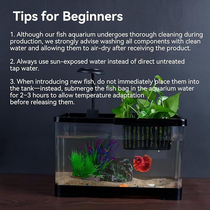 1.8 Gallon Beta Fish Tank Aquariums Kits - Clear Small Fish Bowl Starter Kit with LED Light, Water Filter Pump, Hydroponic Basket - Beginner's Gift for Guppy Shrimp Goldfish, Rectangular