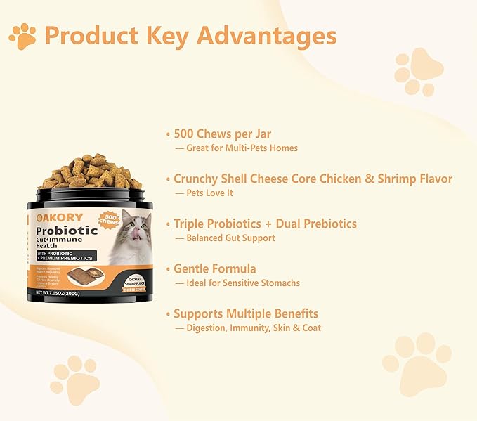 Cat Probiotics for Digestive Health - 500 Chicken Flavor Chews with Prebiotics | Supports Gut Health, Relieves Constipation & Diarrhea, Improves Stool Quality & Nutrient Absorption