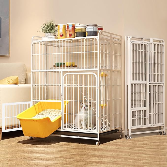 Multi-Tier Collapsible Cat Cage Crate, cat playpen for Indoor with 360° Wheels, Metal Wire Cat Kennel with Secure Lock, Large Ferret Playpen for Adult Cats Kitten Chinchilla (White 3-Tier)
