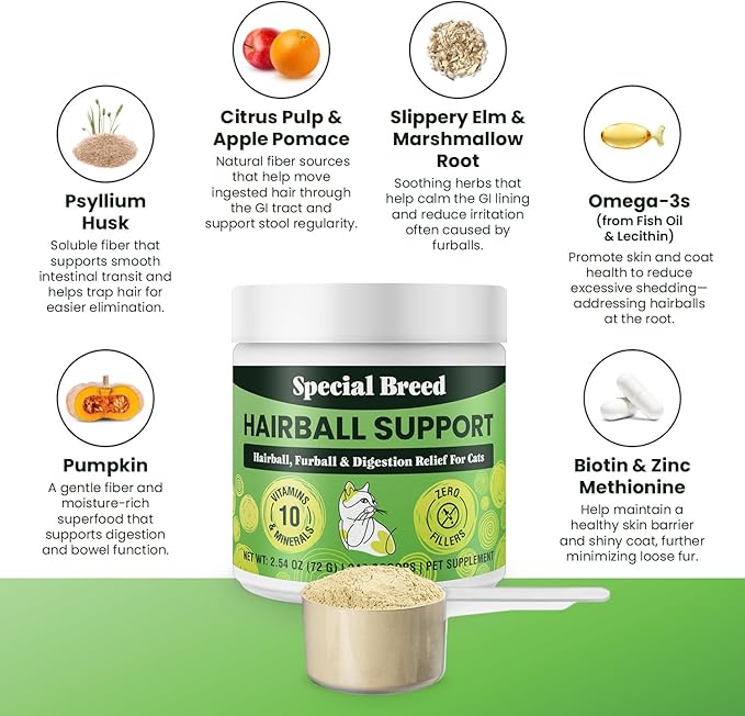 Hairball Support for Cats - 10 Super Ingredients for Furball Treatment Relief, Hairball Remedy, Digestive Support & Healthy Skin - No Fillers - Psyllium, Pumpkin, Omega-3s & More - 240 Scoops