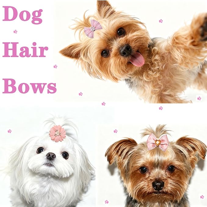 Dog Hair Bows, 20 Pack Pink Decorative Pet Accessories with Rhinestones and Pearls, Floral and Bowknot Designs