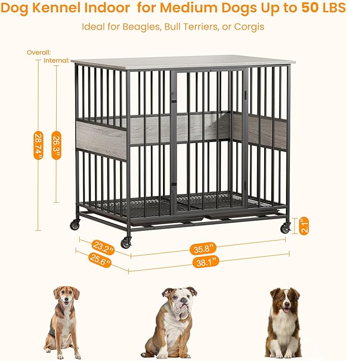 Dog Crate Furniture for Medium Dogs, 38 Inch Indoor Medium Kennel, Wooden Pet Cage Decorative Corner End Table with Caster Wheels & Double Removable Tray, Greige