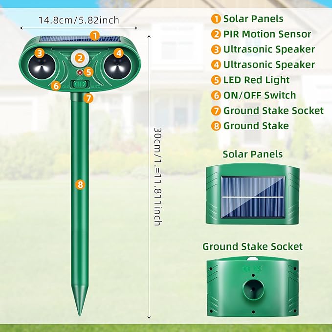 2026 Upgraded Solar Ultrasonic Animal Repellent Deer Repellent Devices Cat Deterrent Outdoor with Motion Sensor Animal Dog Deterrent Keep Raccoon Squirrel Rabbit Away from Yard Lawn Garden 4 Pack
