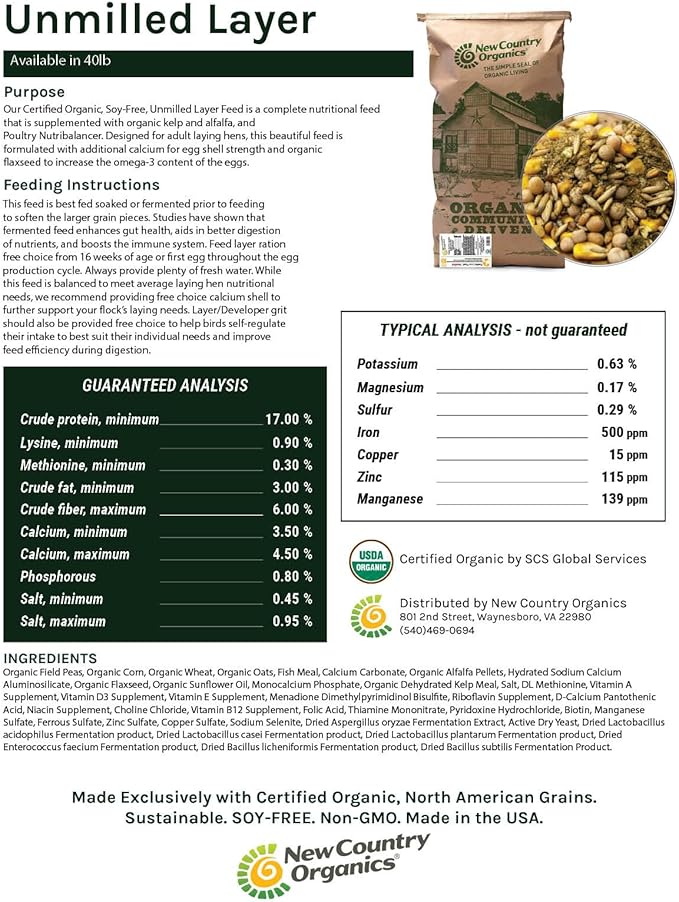 New Country Organics | Unmilled Layer Feed for Laying Hens | Soy-Free | 17% Protein | Certified Organic and Non-GMO | Great for Fermenting | 40 lbs Bag