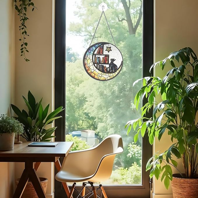 Cat Suncatcher - Sun Catchers Indoor Window, Celestial Stained Glass Window Hanging Decor with Star & Bookshelf Design, Pet Memorial Gift for Cat Lovers, Grieving Pet Owners, or Gothic Home Aesthetic