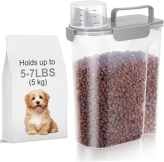 5-7Lbs Dog Cat Food Storage Container with Upgraded Large Nozzle BPA-free, 4 Snap Seals Plastic Pet Food Storage Containers with Handles (Light Gray, 5L-1pack)