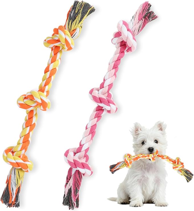 SZEE 2Pcs Dog Rope Toys for Small Breeds, 14 in 3 Knots Chew Rope Toy for Dogs, Pull Toy for Tug of War, Energy Release, Boredom Relief and Teeth Cleaning (Pink & Orange)