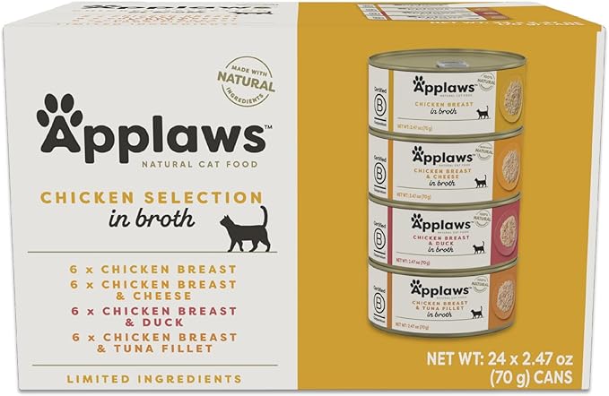 Applaws Natural Wet Canned Cat Food, Limited and Natural Ingredients, High Protein with No Artificial Additives, Chicken Selection Variety Pack in Broth (24 x 2.47oz Cans)