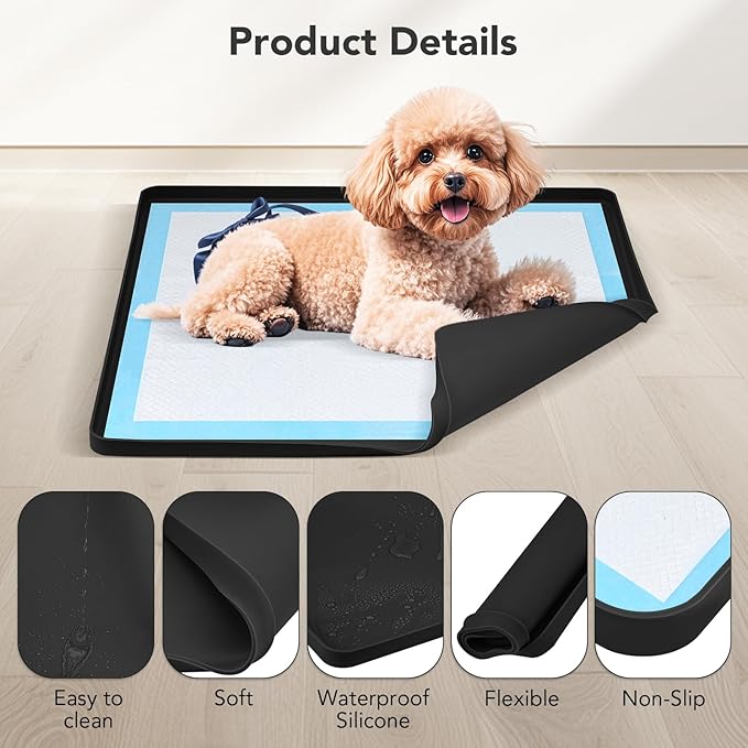 Pee Pad Holder for Dogs, Dog and Puppy Pee Pads Holder, 24"x24" Non-Slip & Leak-Proof & Portable Silicone Mat with Raised Edge Design, Square Puppy Potty Training Tray for Home Floor Protection(Black)