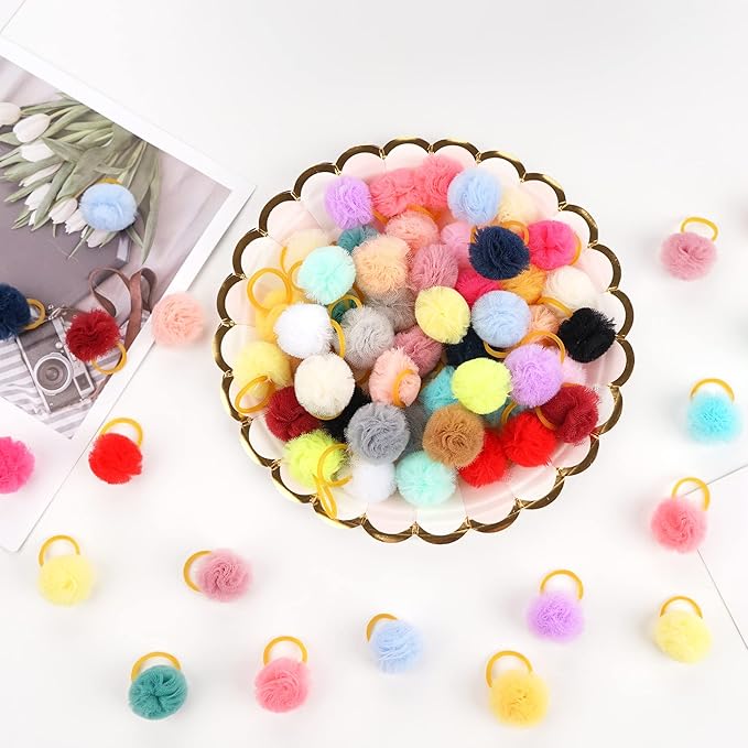 Qearl 48 Pcs Colored Ball Bows with Rubber Bands - Pet Hair Accessories for Dog, Puppy, and Cat Grooming