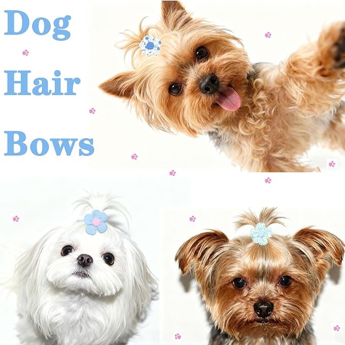 20 Pcs Handmade Cute Puppy Hair Bows, Flower Bowknot with Rubber Bands for Small Dog Hair Ties Accessories Sky Blue