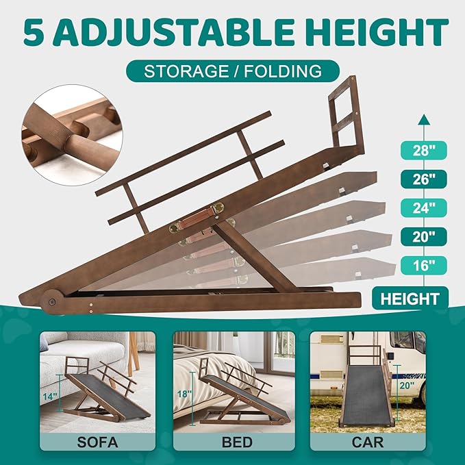 Dog Ramp for Bed, Adjustable Pet Ramps for Dog to Get on Bed, Non-Slip Rubber Surface - Folding Wooden Dog Ramp for Small/Large/Old Dogs, Adjustable up to 27.5 inch High Beds, Safety Railings