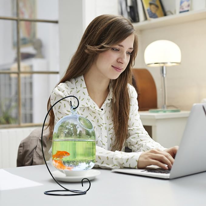 Desk Hanging Fish Tank Bowl with Stand,Hanging Fish Bowl with Stand, Transparent Mini Fish Tank Bowl, Space-Saving Impermeable Construction Glass Vase Aquarium for Home, Office Accessory