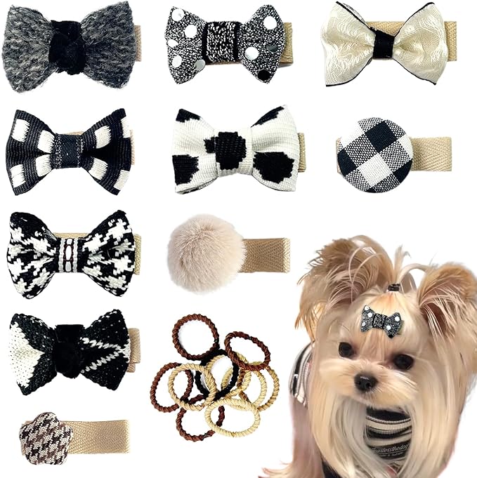 Dog Hair Clips and Rubber Bands Small Dog Bows Cute Pet Grooming Accessories Alligator Clips Stay In Hair Barrettes Ball Hairpin Topknot Pet Headdress Yorkie Puppy Maltese Girls Dogs (Black White)
