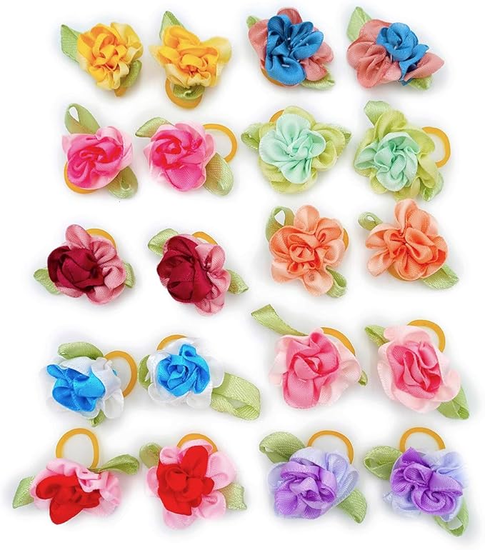 PET SHOW Flowers Pet Dog Hair Bows W/Rubber Bands Cat Puppy Grooming Accessories Assorted Color Pack of 20