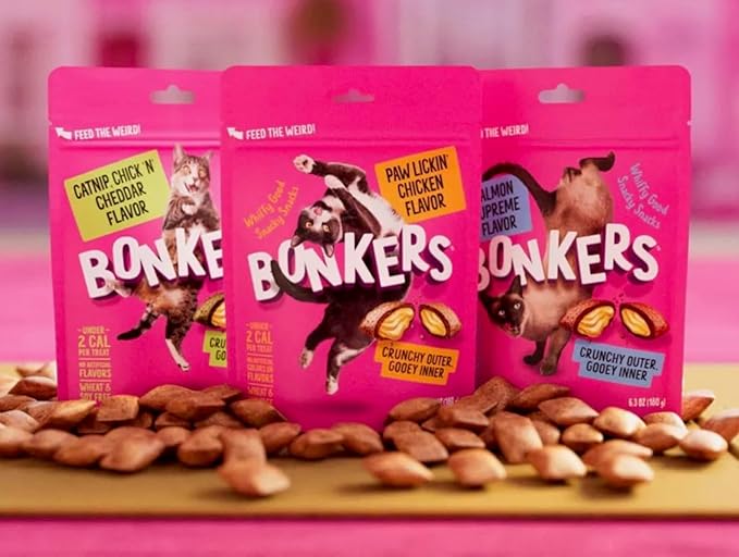 Bonkers Cat Bites, Crunchy & Soft, 3 Oz Resealable Bag, 3 Pack - 1 Paw Lickin' Chicken, 1 Catnip Chick N' Cheddar, and 1 Seafood & Eat It! Flavor, Plus 4 Cat Spring Toys