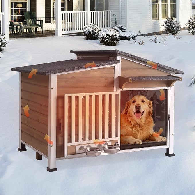 GUTINNEEN Large Outdoor Insulated Dog House Weatherproof Dog Kennel Dog Shelter with Chew-Proof Full Metal Frame, 360° Rotatable Spill-Proof Bowl, Openable Roof for Large Dog Breeds, 39.7" L
