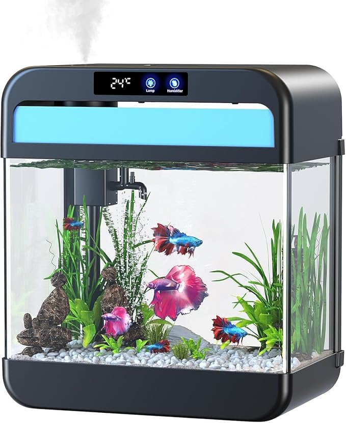 Fish Tank 2.2 Gallon,Small Fish Tanks Kits,Aquarium Fish Tank Starter Kit with 3-in-1 Silent Pump and 7 Color Led Light,with Temperature Display,for Fish,Shrimp,Betta(Black-2.2 Gallon)