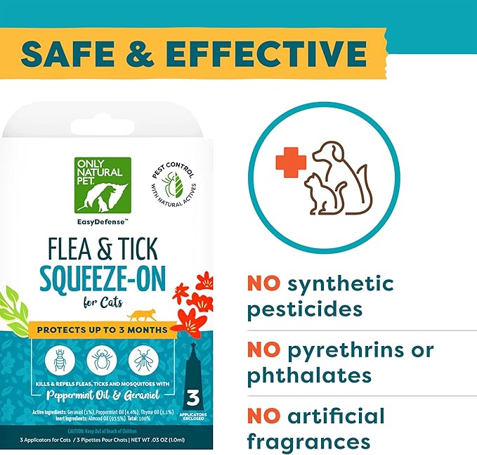 Only Natural Pet Flea and Tick Prevention for Cats - EasyDefense Remedy for Your Pets - Natural Care Control Squeeze-On Drops - Tick and Flea Protection - Three Months Supply (Single)