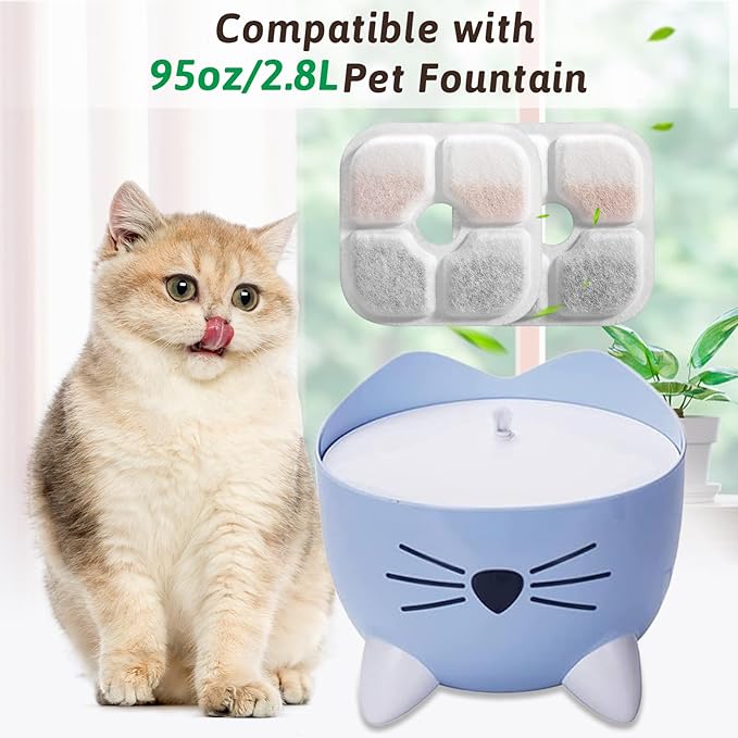 Cat Water Fountain Replacement Filters Fit for 2.5L Fountain with Whiskers Pattern Triple Action Water Pet Cat Drinking Fountain Filter Pack of 12
