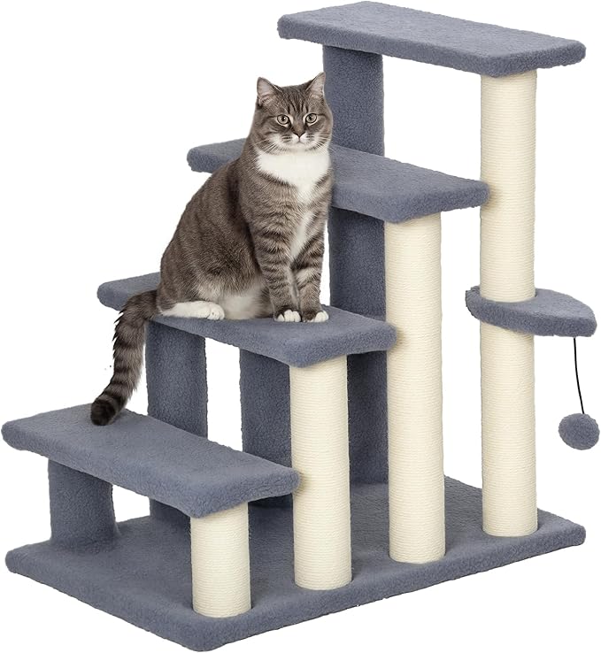 PawHut 4 Levels Cat Steps, Pet Stairs Carpeted Ladder, Kitten Tree Climber with Scratching Posts, Hanging Play Ball, Side Step, for High Bed, Sofa, Gray