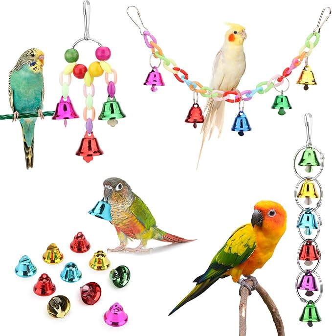 Hypeety Parrot Chew Toys Swing Colorful Bells Chandelier Bird Hanging Toy Parrot Cage Craft Toys Cages African Grey Conure Cockatiel 4PCS Set