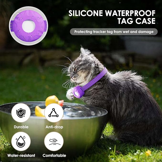 Cat GPS Tracker, Smart Cat GPS Tracker Compatible with Apple Find My App (Only iOS), No Monthly Fee, Waterproof (White Tracker, Purple Cat Collar)