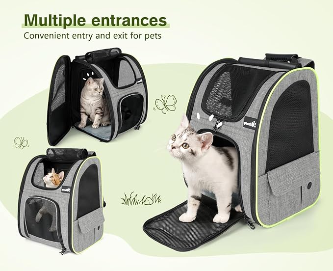 Pecute Cat Backpack Carrier XL, Expandable Pet Backpack Curtain Design for Cats Dogs Up to 15lbs, with 4-Side Breathable Mesh, Multi-Entry & Lockable Zippers for Travel, Hiking, Camping - Hands Free