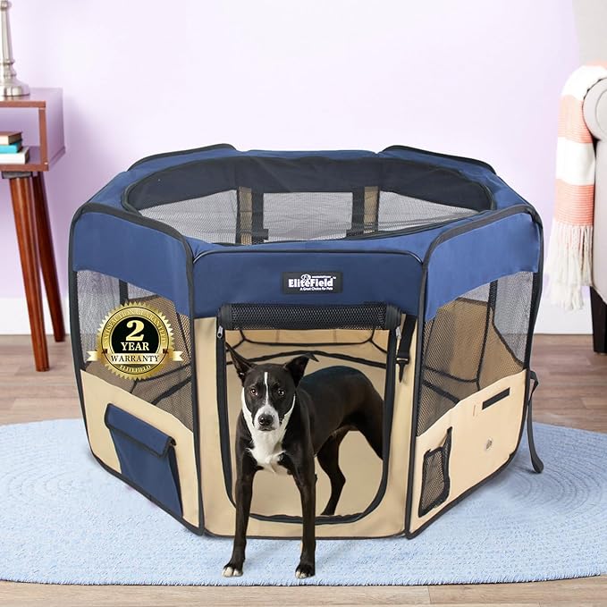 EliteField 2-Door Soft Pet Playpen (2 Year Warranty), Exercise Pen, Multiple Sizes and Colors Available for Dogs, Cats and Other Pets (52" x 52" x 32"H, Navy Blue+Beige)