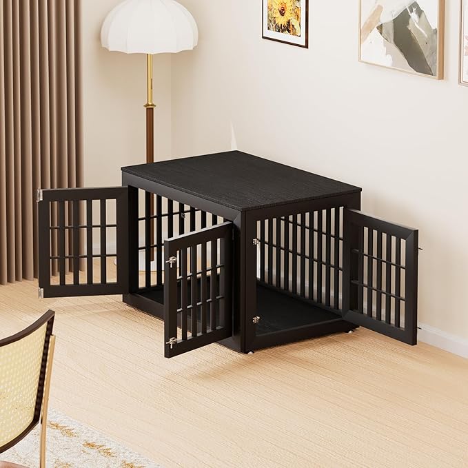 42" Heavy Duty Dog Crate Furniture for Small,Medium and Large Dogs,Rustic Wooden Dog Cage Kennel Indoor Furniture with Waterproof Top,Decorative Pet House Side End Table (Black)