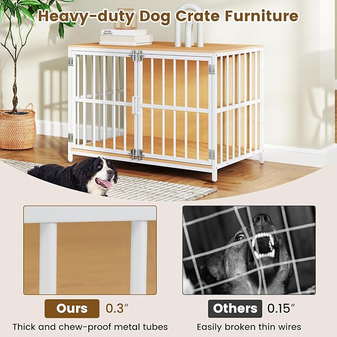 PETSITE 40 Inch Modern Dog Crate Furniture, Heavy Duty Wooden Dog Kennel with Double Lockable Doors, Decorative Dog Cage End Side Table for Small and Medium Sized Dogs (Natural)