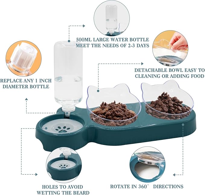 Triple Dog Cat Bowls, 15 Tilt 3-in-1 Water Feeder Bowls with Automatic Water Bottle Bowl, Removable Cat Wet and Dry Food Bowl Set for Small Cat and Puppy (Navy Blue)