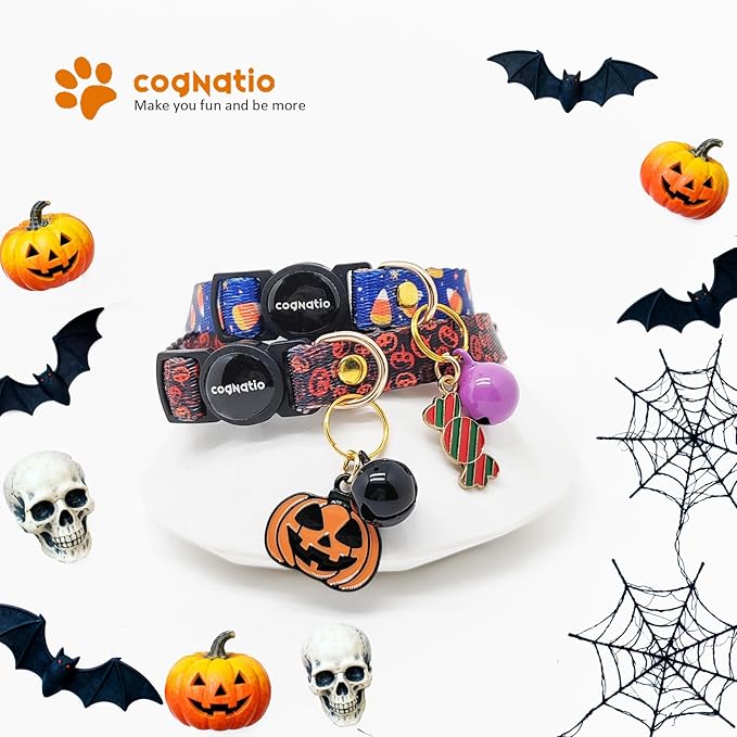 2 Pack Breakaway cat Collars with Bell,Safety Quick Release Pendant Cute Kitten Collar,Adjustable 20-30cm (Halloween1, 20-30cm)
