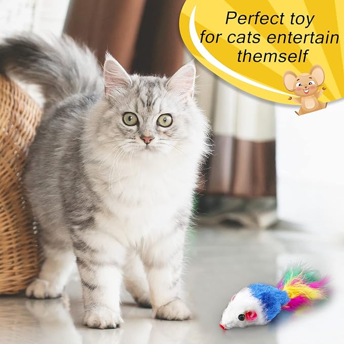 Syhood 120 Pcs Fur Mice Cat Toys Bulk for Indoor Cats Catnip Mouse Toys with Rattle Sound Rattle Mini Mice Pets Kitten Interactive Play Assorted Color